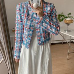 Women's Jackets EENK Tweed Blue And White Plaid Short Jacket Top Coat 2023 Korean Version Of Streetwear