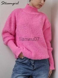 Women's Sweaters Streamgirl Warm Women's Turtleneck Sweater Pink Loose Pullovers Winter Knitwear Oversize White Fluffy Sweater Women Winter J231110