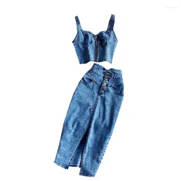 Work Dresses 2023 Summer Fashion Women Strapless Zipper Crop Top High Waist Spilt Button Skirt 2 Piece Set Casual Denim Jeans Clothing Suit