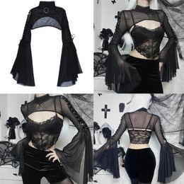 Polo da donna T-shirt in rete nera maniche lunghe Gothic Street Lace-up stile punk pullover svasato Top Y2K Capispalla vintage da donna