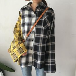 Women's Blouses HOUZHOU Vintage Plaid Shirts Harajuku Oversize Streetwear Chic Women Korean Style Long Sleeve Casual Black Top Patchwork