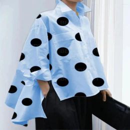 Women's Blouses Women Shirt Lapel Long Sleeve Patch Pocket Side Split High Low Hem Cardigan Summer Dot Print Loose Top Streetwear