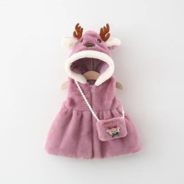 Waistcoat Children's Winter Coat Cartoon Elk Hooded Sleeveless Tank Top Thickened Fur Vest Warm Jacket Free Bag 231109