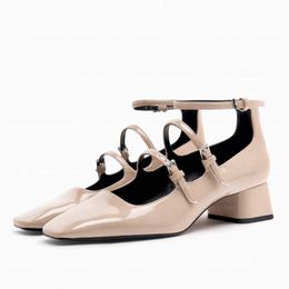 Nxy Sandals Women Black Leather Heeled Summer Squared Toe Block Heel High Heels Female Comfort Plus Size Pump Shoes 230406