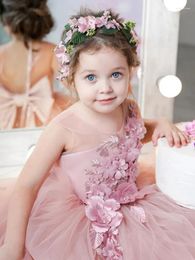 Girl Dresses Pink Flower Tulle Puffy 3D Flowers With Bow Sleeveless For Wedding Birthday Party First Communion Gowns