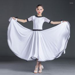 Stage Wear Summer White Ballroom Dance Dress For Girls Lace-Up Tango Competition Dresses Kids Prom Waltz Dancing Costume VDB5665