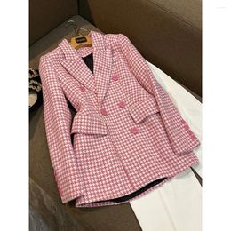 Women's Suits Clothland Women Vintage Tweed Plaid Blazer Long Sleeve Double Breasted Pink Black Houndstooth Office Jacket Coat CB005