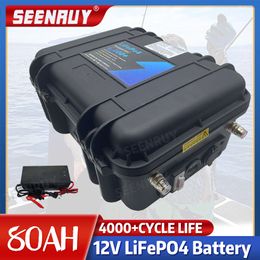 SEENRUY Waterproof 12V Lithium Iron Battery 60AH 80AH with 80A BMS for 900W Backup Power Fishing Boats+10A Charger