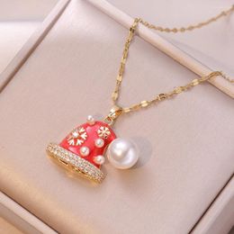 Pendant Necklaces 1PC Stainless Steel Personality Cartoon Red Enamel Fake Pearl Christmas Gift Hat Necklace Cute Men's And Women's