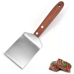 100pcs Stainless Steel Steak Spatula Pancake Scraper Turner Grill Beef Fried Pizza Shovel With Wood Handle Kitchen BBQ Tools