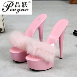 Slippers Women Club Rabbit Hair Special High Heels And Sexy Black Waterproof Platform Highheels Sandals Female LFD 231110