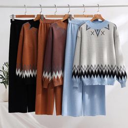 Women's Two Piece Pants Large Size Women Europe And The United States Fashion Knit Suit Autumn Winter Temperament Loose Sweater Wide Leg