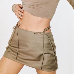 Skirts Korean Fashion Miini Summer Super Mini Skirt Black Sexy Kawaii Clothes Pencil Khaki Lace Up Drawstring 230410