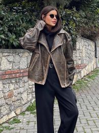 Women's Leather RR2478 Streetwear Worn Effect Bike Jackets For Women Oversized Boyfriend PU Jacket Loose Zipper Brown Coat