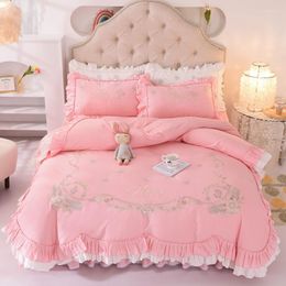 Bedding conjunta rosa camada dupla babados bordando bordado cover capa saia de camas colchas travesseiros 4pcs coreana princesa algodão