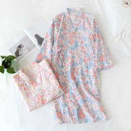 Women's Sleepwear Japanese Kimono Spring And Summer Style Nightgown Ladies Cotton Three-quarter Sleeve Bathrobe Home Service Women Pink