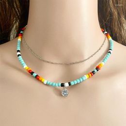 Chains Ethnic Style Double Layers Colourful Beads Cross Cactus Pendent Necklaces Silver Colour Clavicle Chain Necklace Women Jewellery