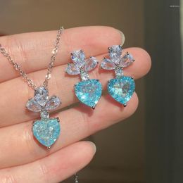 Necklace Earrings Set RAKOL Heart Sky Blue Cubic Zirconia For Women Luxurious Imitation Paraiba Stone Fashion Pendant