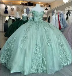 Quinceanera Dresses Princess Green Big Bow Appliques V-Neck Ball Gown with Tulle Plus Size Sweet 16 Debutante Party Birthday Vestidos De 15 Anos 85