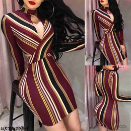 Casual Dresses Newest Hot Women Sexy Slim Fit Breast Open Halter Long Sleeve Bodycon Dress Stripe Pencil Cocktail Party Dress Clubwear M230411