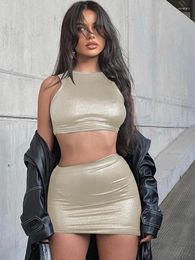 Work Dresses Solid Shinny Silky Two Piece Set Women Skinny Sleeveless Vest Sexy Drawstring Hip Warps Skirt Streetwear Casual Clothing