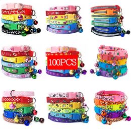 Dog Collars Leashes 100 pcs Wholesale Dog Collars With Bells Adjustable Necklace For Puppy Kitten Reflective Printed Buckle Pet Accessories Supplies 231110