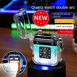 Lighters Flashlight Outdoor Camping Flameless Windproof Lighter Double Arc Plasma Waterproof Watch Transparent Rechargeable