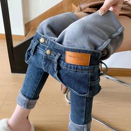 Women's Jeans Plush Stretch Pencil Pant Casual Thick Fleece Legging Retro Blue Trousers Winter Women Snow Thermal Skinny Warm