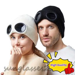 Designer two Lens Glasses Goggles Beanies Men Knitted Hats Skull Caps Outdoor Women Uniesex Winter Beanie Black Grey Bonnet 1H4F
