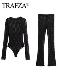 Women s Two Piece Pants TRAFZA 2pcs Lace Sets For Women Fashion Trend Hollow Out Slim Jumpsuits Flare Versatile Long Leggings 231110