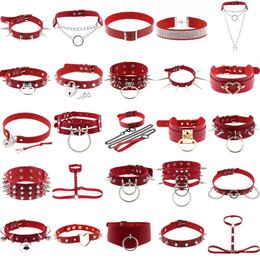 Choker Chokers Goth Red PU Leather Necklaces For Women Cosplay Silver Colour Stainless Steel Chains Rivet Collar Grunge Punk Jewellery