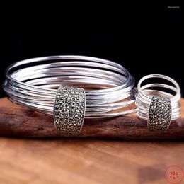 Cluster Rings S925 Sterling Silver For Women 2023 Women's Fashion Multi Circle Glossy Marcasite Bangle Pure Argentum Jewelry