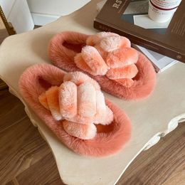 Slippers Large-Size Thick-Soled Hairy Shoes Women Cross-Gradient Rabbit Hair Comfortable Warm Gentlewoman Home Wool Cotton Fur Slippers 231110