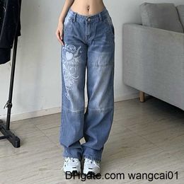 Women's Jeans Harajuku printed Cargo Jeans Y2K Dark Blue brown High Waist Streetwear 90S Baggy Jeans Women Pants Straight wide g jeans 0410H23