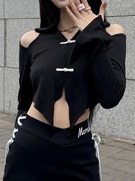 Women's T Shirts 2023 Dark Gothic Open Shoulder Chinese Style Blouses Grunge Turn-down Collar Women Crop Tops Y2k Fashion Long Sleeve