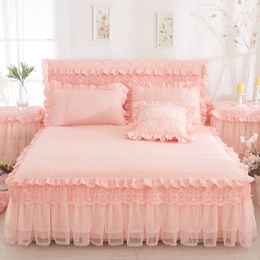 Bed Skirt 3-piece Bed Pillow Case Vintage Princess Lace Double Bed Ski Mat Women's Bedcover 230410