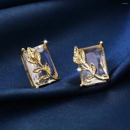 Stud Earrings Luxury Large Squar Zircon Leaf Pattern Gold Color Geometry Earring Birthday Gift For Women Fashion Party Jewelry