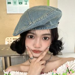 Berets 2023 Korean Denim Beret Women's Spring Washed Retro Painter Hat Versatile Big Head Circumference Solid Colour Octagonal Cap