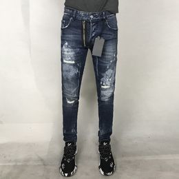 Men's Jeans Italian Vintage Fashion Men Retro Dark Blue Slim Fit Painted Punk Ripped Streetwear Spliced Hip Hop Biker PantsMen's