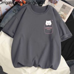 Men's T-Shirts 2023 Summer Fashion T-shirt Women 100% Cotton Harajuku Kawaii Pocket Cat Print Loose Casual Short Seved T Shirt Fa Y2k Top 410&3