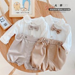 Clothing Sets Baby Boys Spring Full Sleeve Bow Tie Tops Shirts Solid Short Pants Toddler Kids Clothes Formal Suits 2pcs 3M-4Y Outfit