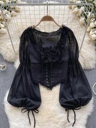 Women's Blouses Vintage European Style Women Beige Shirt Ladies Lantern Sleeve Party Blouse Black Ruffles Lace Elegant Tops Boho Autumn Chic
