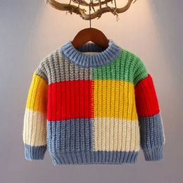 Pullover Autumn Winter 2023 Baby Boys Sweater Girl Children Knitted Clothes Kids Jumper Toddler Plaid Color Matching 231109