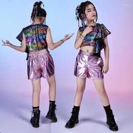 Stage Wear Children's Day Costume Girls Hip Hop Clothing Sequin Tops Shorts Cheerlead Jazz Dance Modern Show Clothes VDB3526