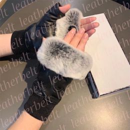 Autumn Winter Fur Mittens Luxury Black Leather Fingerless Gloves Embroidery Letter Womens Cashmere Mittens