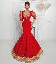 Red Long Mermaid Evening Formal Dress for Women Gold Applique Embroidery Albanian Mashallah Caftan Prom Celebrity Gowns