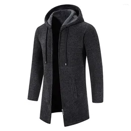 Men's Jackets Winter Man Long Style Thick Warm Fleece Lined Knit Hoodie Coat Jacket Zip Solid Colour Tops Knitwears Clothing For Men