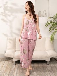 Women's Sleepwear Plus Size S-3XL Pyjama Set Cotton Home Wear Camisole Wide Leg Pants Viscose Seller Pyjamas For Women