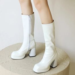 Boots Platform Women's High Knee Boots Autumn Winter Patent Leather Knee High Boot Female Waterproof Heel White Red Party Fetish Shoes 231110