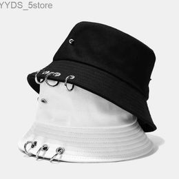 Wide Brim Hats Bucket Hats Kpop Jungkook Harajuku Hip Hop Solid Color Bucket Hat Spiked Rivets Metal Rings Outdoor Wide Brim Sunscreen Fisherman Cap YQ231110